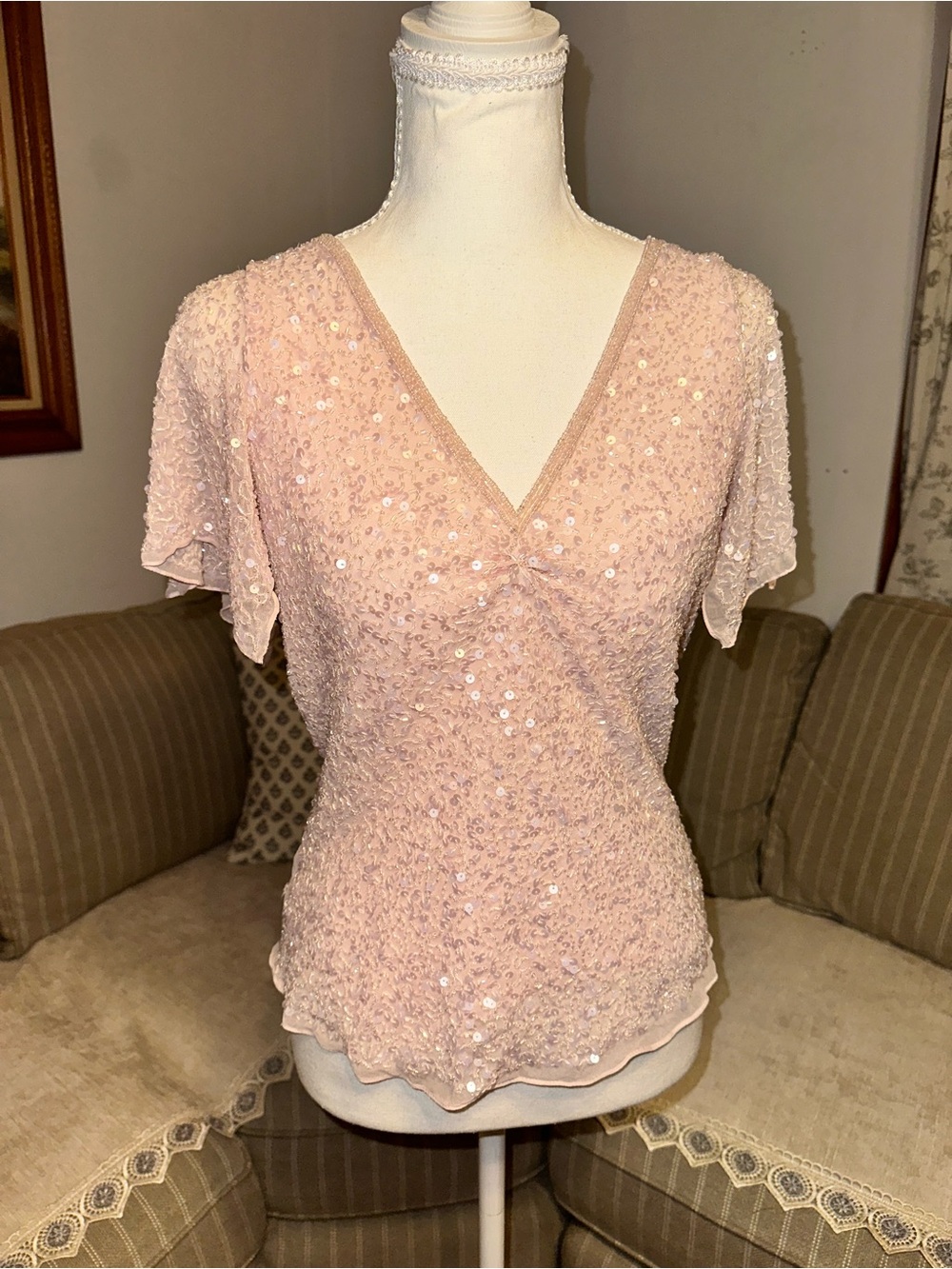 Papell Boutique Blush Sequin Lace V-Neck Top
